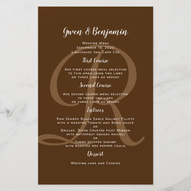Modelo do Menu Monograma Brown Wedding Entree (Frente)