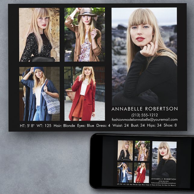 Modelo Moderno e Cartão Comp Ator 5 Fotografias (Customize to change background color, text size, style or to add more photos to back of card.)