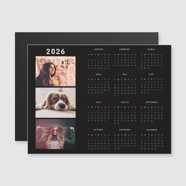 Modern 2026 Calendar 3 Photo Collage Magnet Card (Frente/Verso)