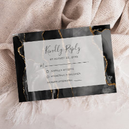 Modern Agate Frame Black Gold Wedding RSVP