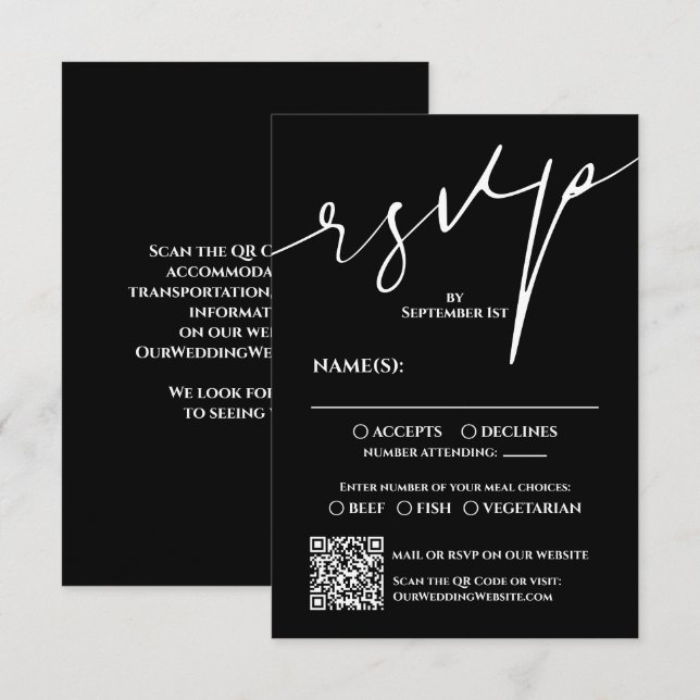 Modern Black and White QR Code Wedding RSVP (Frente/Verso)