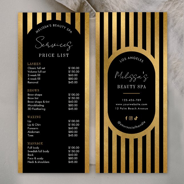 Modern Black & Gold Stripes Salon Price List Menu (Criador carregado)