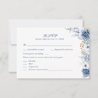 Modern Blue and Gold Floral Wedding RSVP Card