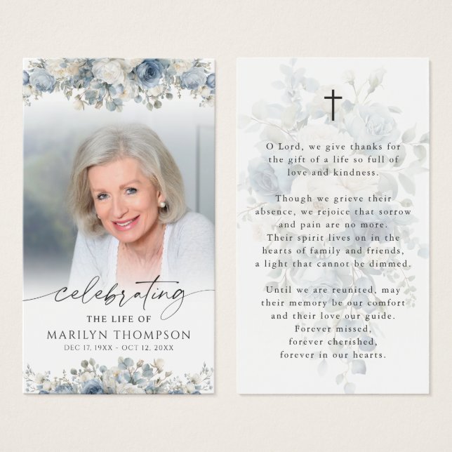 Modern Blue Floral Cross Prayer Card (Frente & Verso)