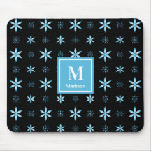 Modern Blue Geometric Floral Monogram Mouse Pad