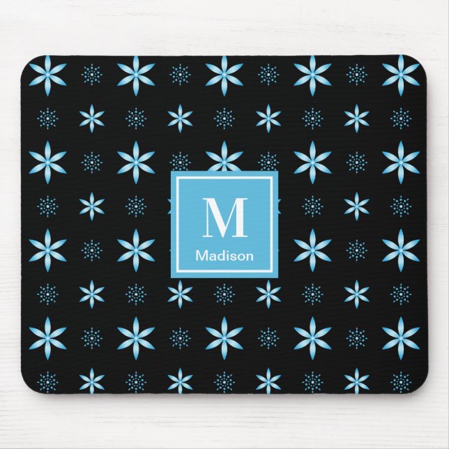 Modern Blue Geometric Floral Monogram Mouse Pad (Frente)