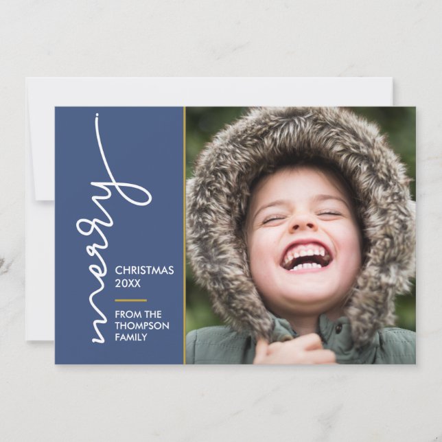 Modern blue Merry Christmas Script Photo Card (Frente)