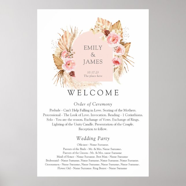 Modern Boho Pampas Grass poster de Casamento Flora (Frente)