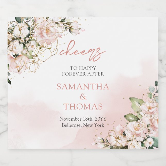 Modern Boho pincelada cor-de-rosa dourado floral (Rótulo Único)