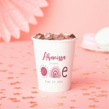 Modern Boho Rosa Arco-Íris Sol Primeiro Aniversári