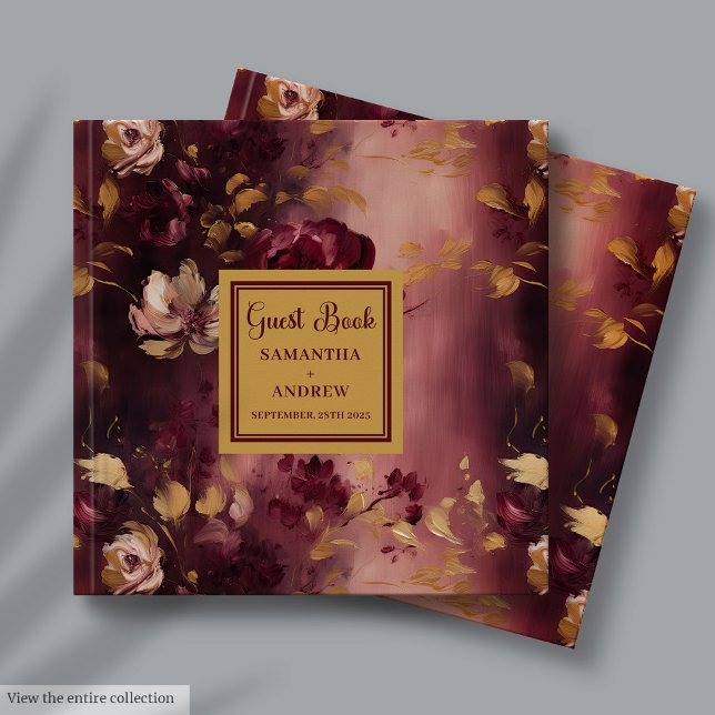 Modern Burgundy Blush Dourado Livro de Convidados  (Modern Burgundy Blush Gold Boho Wedding Guest Book)