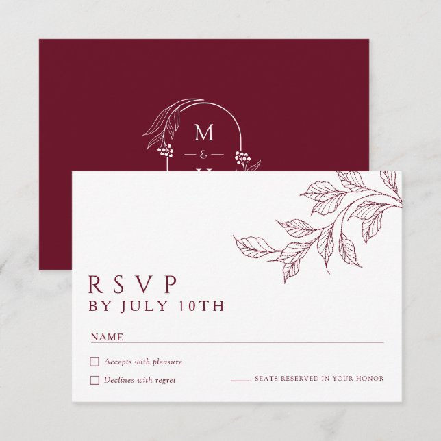 Modern Burgundy Botanical Wedding RSVP Cards (Frente/Verso)