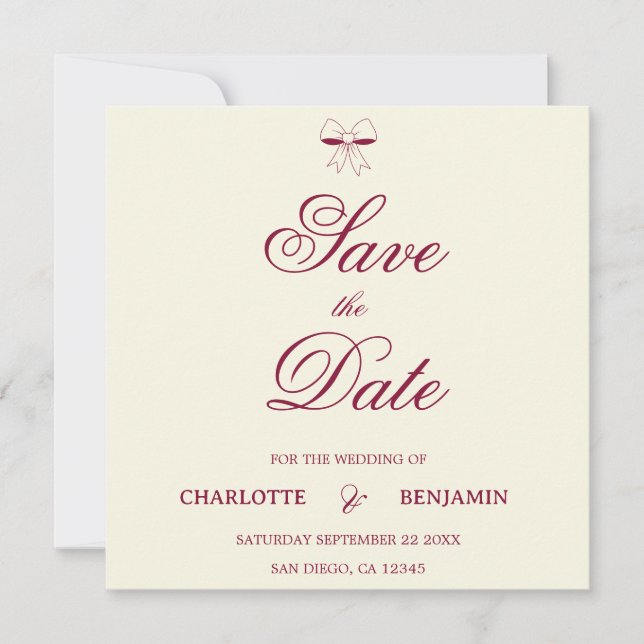 Modern Burgundy Script Ivory Bow Chic Wedding Card (Frente)