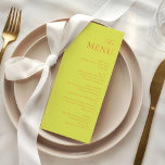 Modern Chartreuse Persimmon Elegant Wedding Menu<br><div class="desc">Set the tone for your wedding reception or special event with this timeless and elegant printed menu design. Featuring a chartreuse and persimmon layout with sophisticated script accents, this menu adds a refined touch to your table settings while guiding your guests through a delightful dining experience. Perfect for formal occasions...</div>