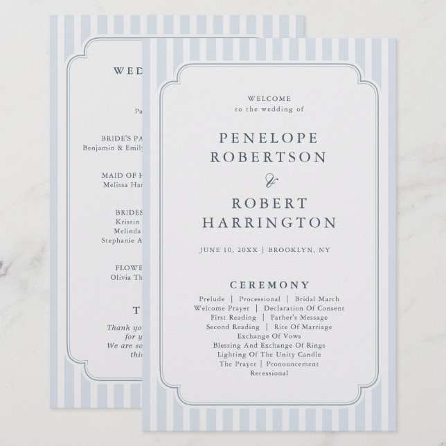 Modern Classic Stripes Dusty Blue Wedding Program (Frente/Verso)