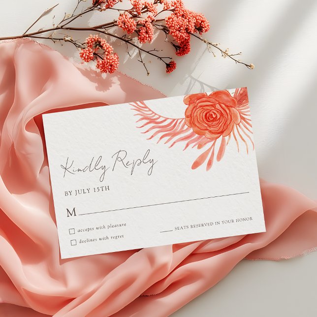 Modern Coral Floral  Wedding RSVP Card (Criador carregado)