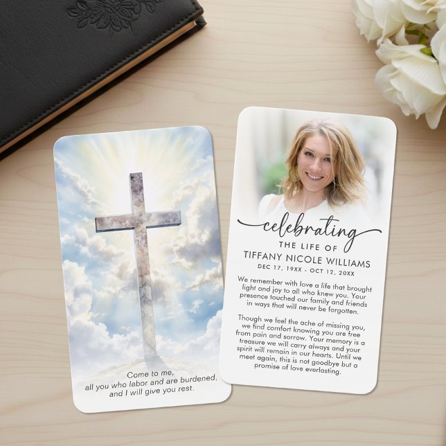 Modern Cross Celebration of Life Photo Cards (Criador carregado)