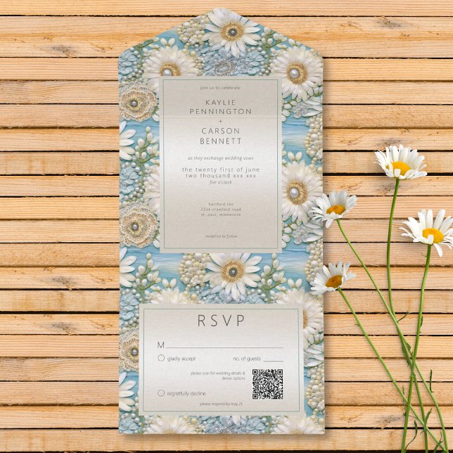 Modern Daisy Satin & Pearls Código QR do Alivio (Modern Daisy Satin & Pearls Relief QR Code All In One Invitation)