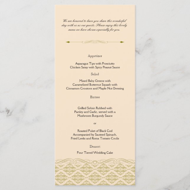 Modern Damask in Ivory Dourado Wedding Menu (Frente)