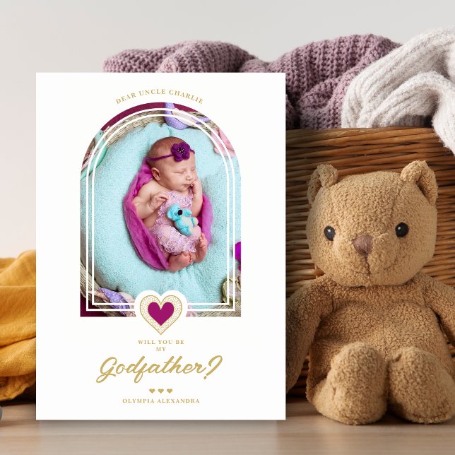 Modern Dome Purple Heart Golden Effect Godfather (Purple Modern Dome Arch & Chic Heart Fake Golden Effect Godfather or GodMother Proposal Card.)