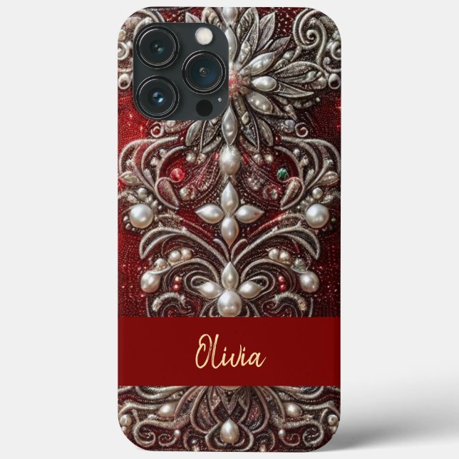 Modern elegant red green pearls Valentine’s Day (Verso)