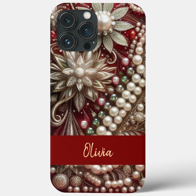 Modern elegant red green pearls Valentine’s Day (Verso)