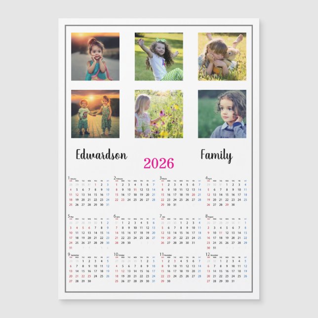 Modern family photo collage magnetic 2026 calendar (Frente)