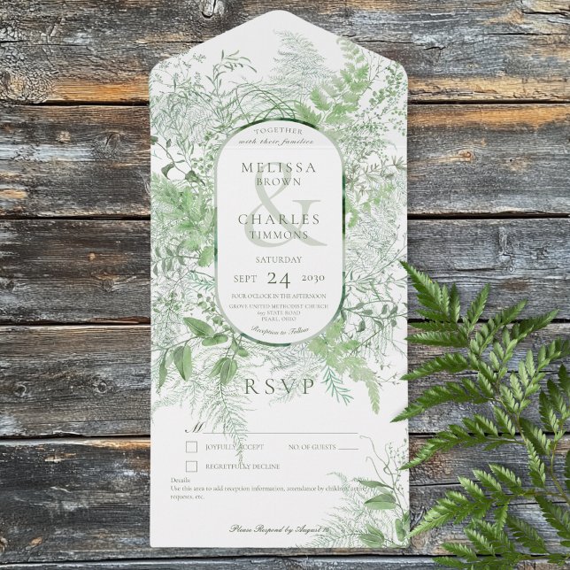 Modern Fern Green Foliage White Sem Janto (Modern Fern Green Foliage White No Dinner All In One Invitation)
