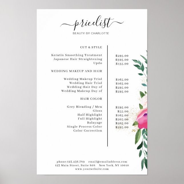 Modern Floral Price List Poster (Frente)