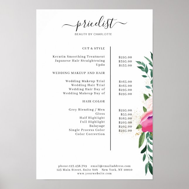 Modern Floral Price List Poster (Frente)