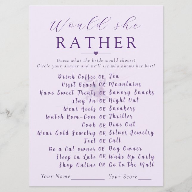 Modern Floral Would She Rather Bridal Shower Game  (Frente)