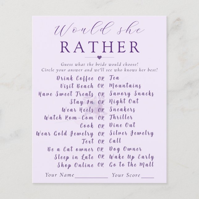 Modern Floral Would She Rather Bridal Shower Game  (Frente)