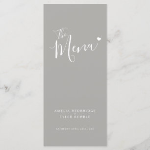 Modern gray text white heart simple wedding menus