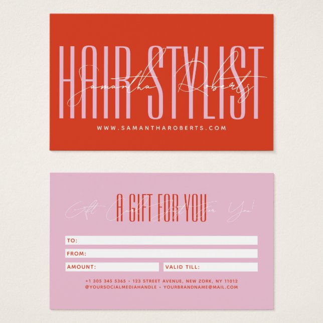Modern hair stylist script typography gift card (Frente & Verso)