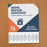 Modern Home Repair Tear-Off Tabs Flyer<br><div class="desc">A professional home repair services flyer with tear-off tabs with a clean, modern design featuring bold blue and orange accents, accompanied by a house-shaped icon, all on a gray background with subtle geometric patterns. A collage of repair tools including a hammer, screwdriver, paint roller, handsaw and wrench is arranged on...</div>