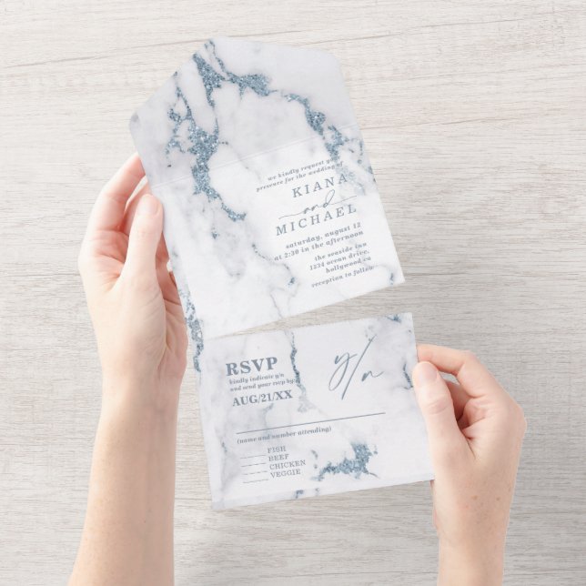 Modern Marble Glitter Wedding Dusty Blue ID816 (Aba destacável)