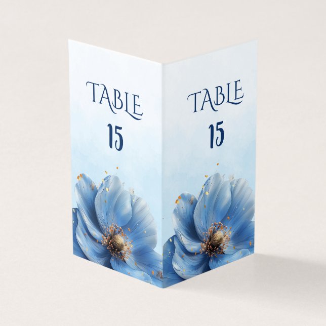 Modern Minimalist Gold and Blue Poppy Table Number (Exterior)