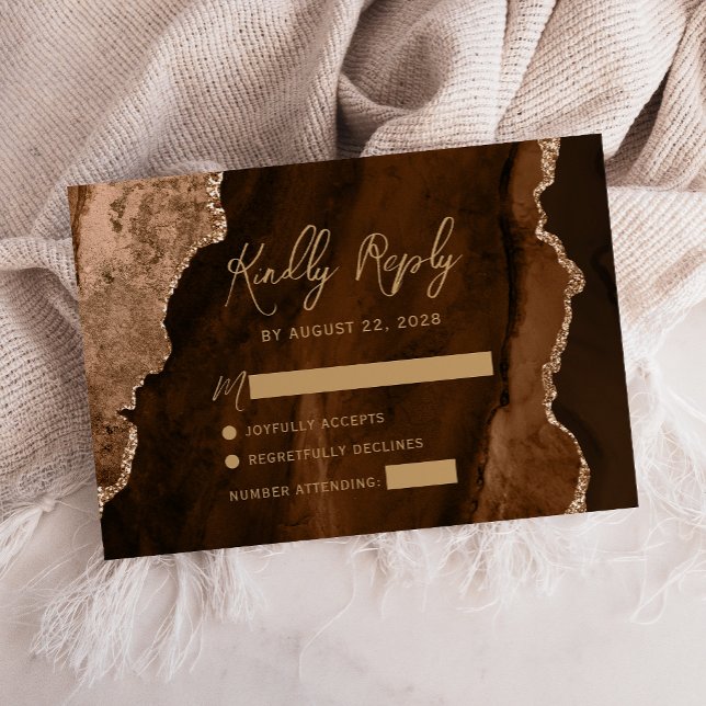 Modern Mocha Brown Agate Gold Script Wedding RSVP (Criador carregado)
