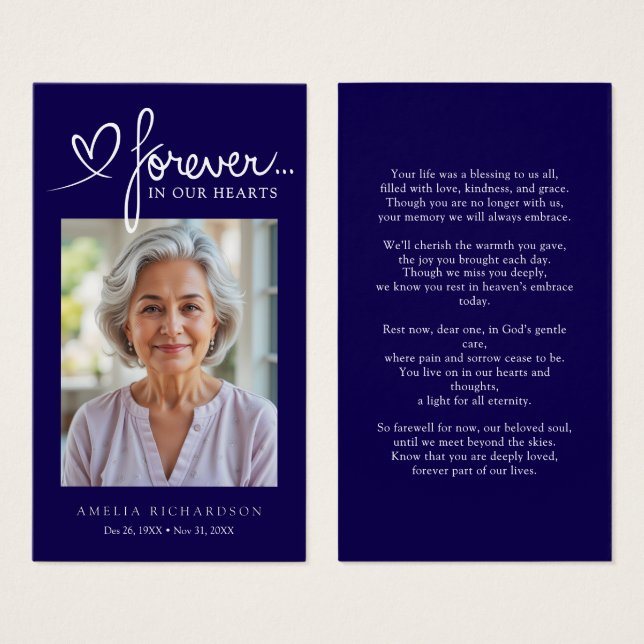 Modern Navy Blue Memorial Prayer Photo Card (Frente & Verso)