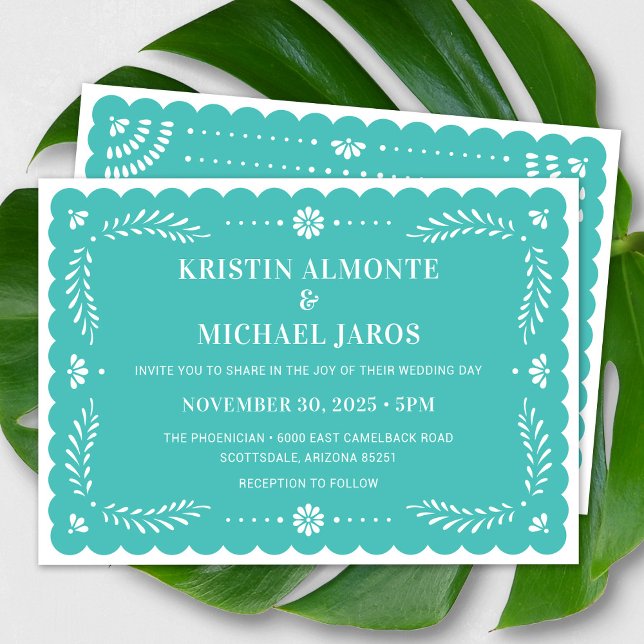Modern Papel Picado Convite Para Casamento Mexican (Modern Papel Picado Wedding Invitation In Turquoise)