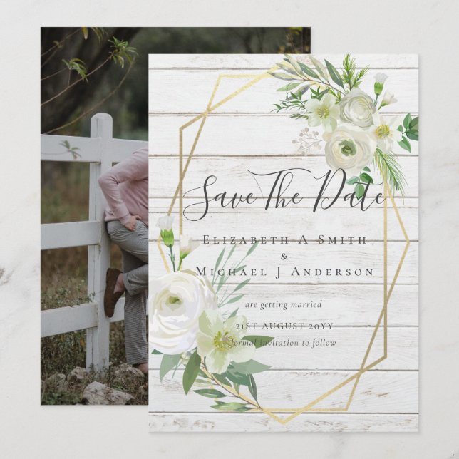 Modern Photo Save Dates White Floral Greenery Leaf (Frente/Verso)