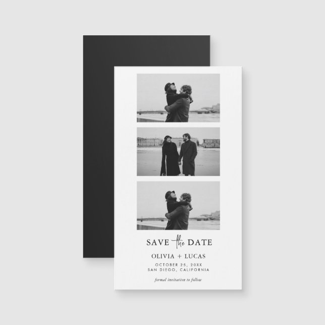Modern Photo Strip Magnetic Wedding Save The Date (Frente/Verso)