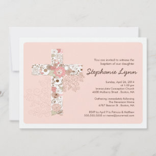 Modern Pink Floral Cross Girls Baptism Convite