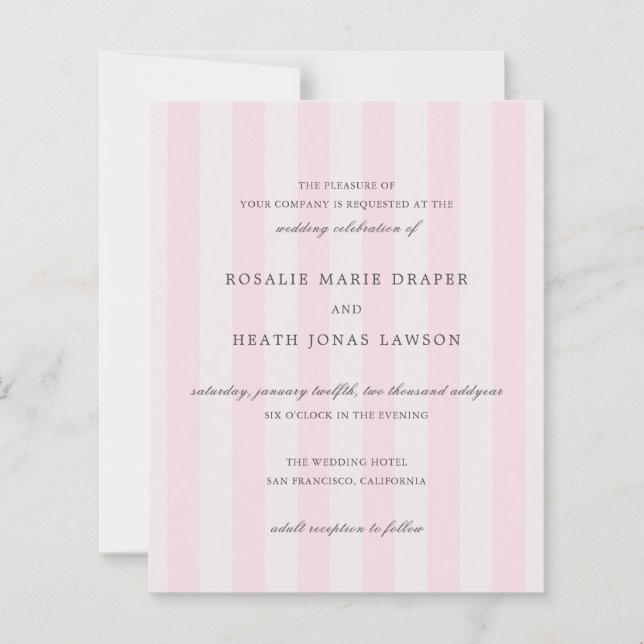 Modern Pink Stripes Elegant Budget Wedding Invite (Frente)