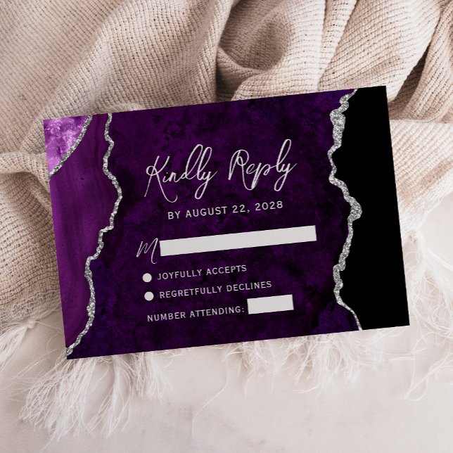 Modern Purple Agate Silver Script Wedding RSVP (Criador carregado)