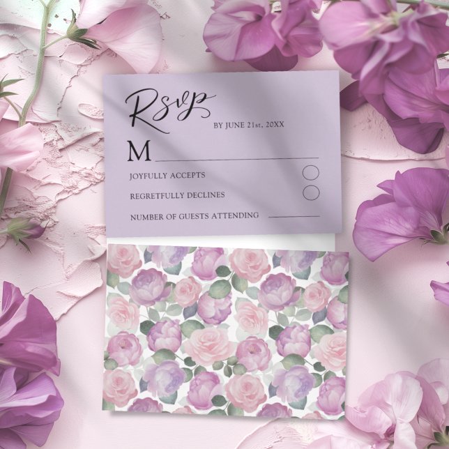Modern Purple Rose RSVP Wedding Card (Criador carregado)