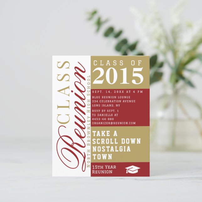 Modern red and tan School Class Reunion Invitation (Em pé/Frente)
