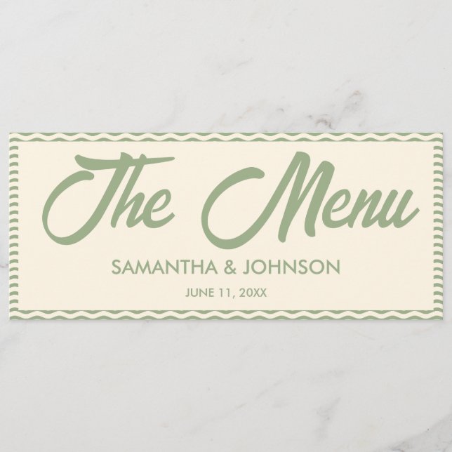 Modern Sage Green Stripe Wedding Dinner Menu Card (Frente)