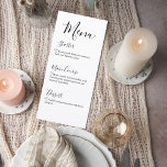 Modern Script Wedding Dinner Menu<br><div class="desc">Add a refined touch to your reception tables with this minimalist wedding menu card featuring an elegant black-and-white design and romantic script typography. The stylish “Menu” heading paired with delicate heart accents creates a sophisticated yet warm presentation for your wedding meal. The layout clearly presents each course—Starter, Main Course, and...</div>