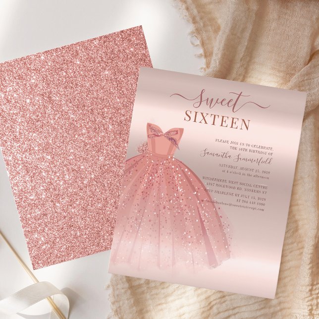 Modern Sweet 16 Glitter Script Rosa Dourado Aniver (Sweet 16 Rose Gold Dress Script Birthday Party Invitation)